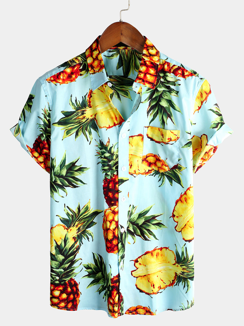 Men's Pineapple Tropical Holiday Cotton Pocket Shirt