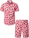 Men's Pink Casual Cotton Outfit Strawberry Fruit Print Summer Hawaiian Shirt and Shorts Set