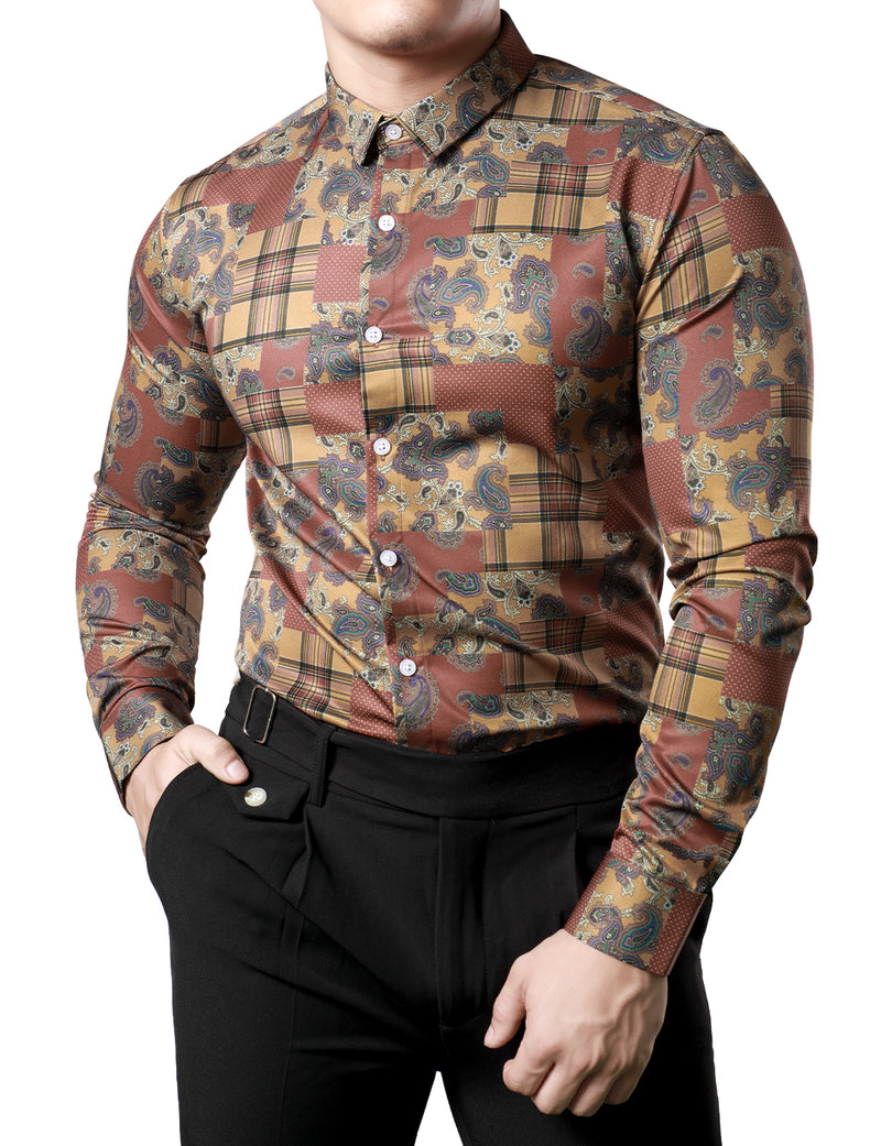 Men's Checkered Patchwork Casual Paisley Check Print Brown Long Sleeve Shirt
