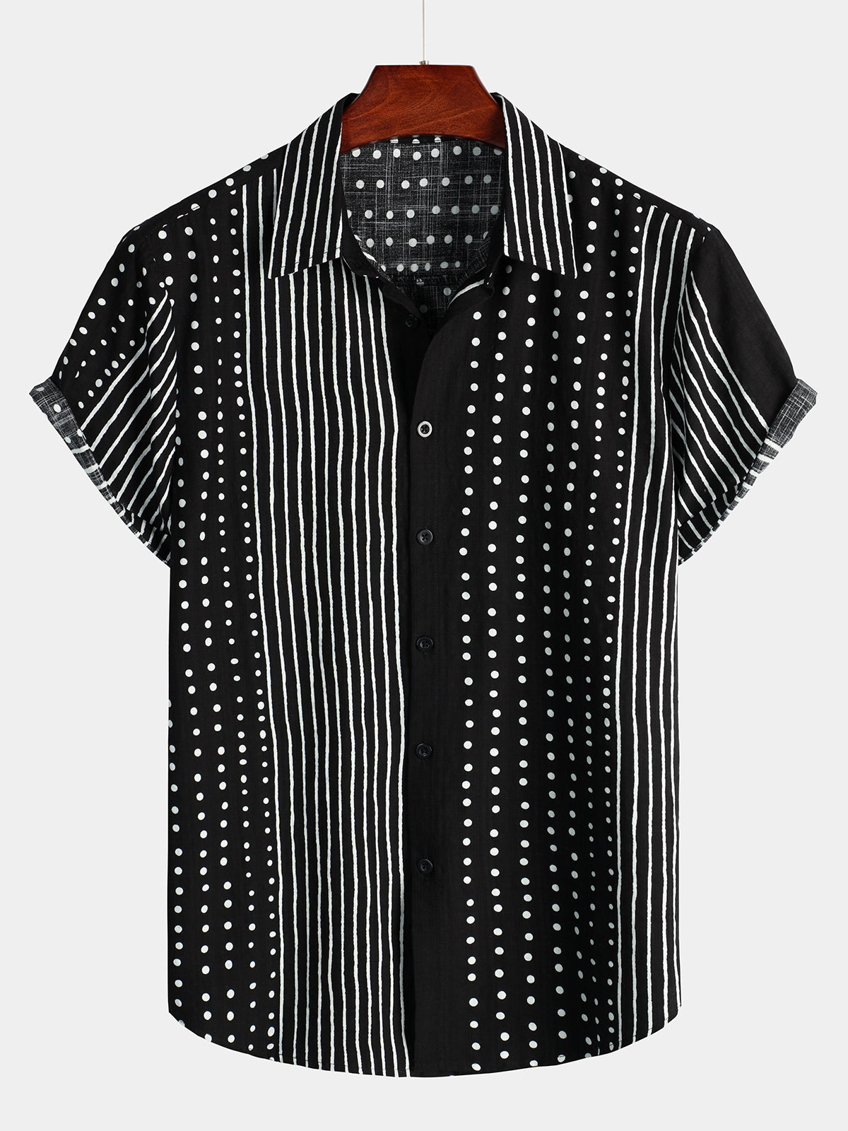 Men's Retro Black Striped and Polka Dot Button Up Short Sleeve Shirt ...