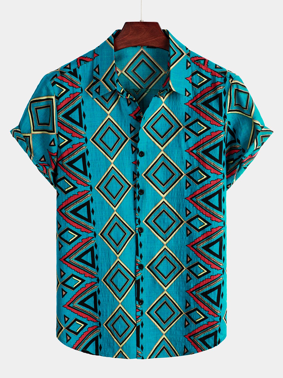 Men's Retro Blue Short Sleeve Cotton Shirt