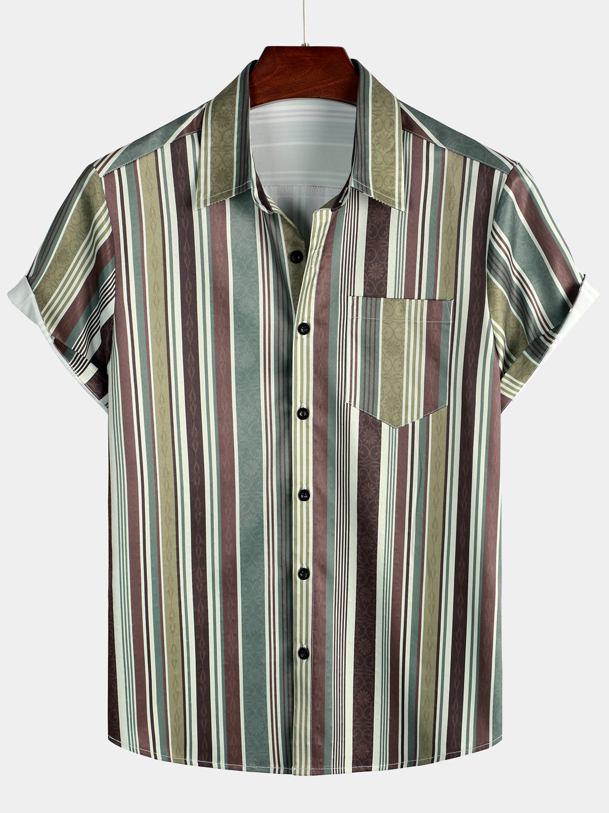 Men's Vintage Green And Brown Vertical Striped Button Up Pocket Short Sleeve Shirt
