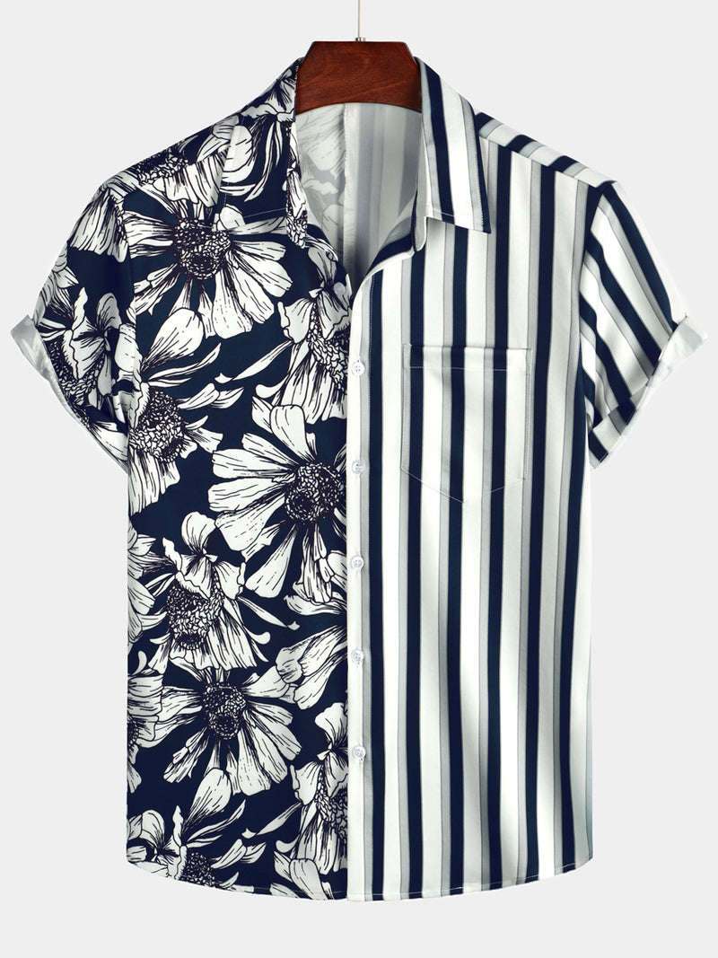 Men's Floral Navy Blue Vertical Striped Pocket Flowers Short Sleeve Shirt