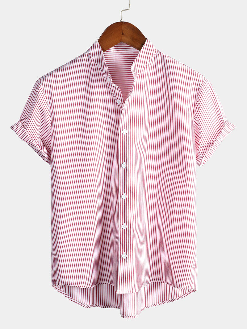 Men's Breathable Stand Collar Short Sleeve Striped Shirts
