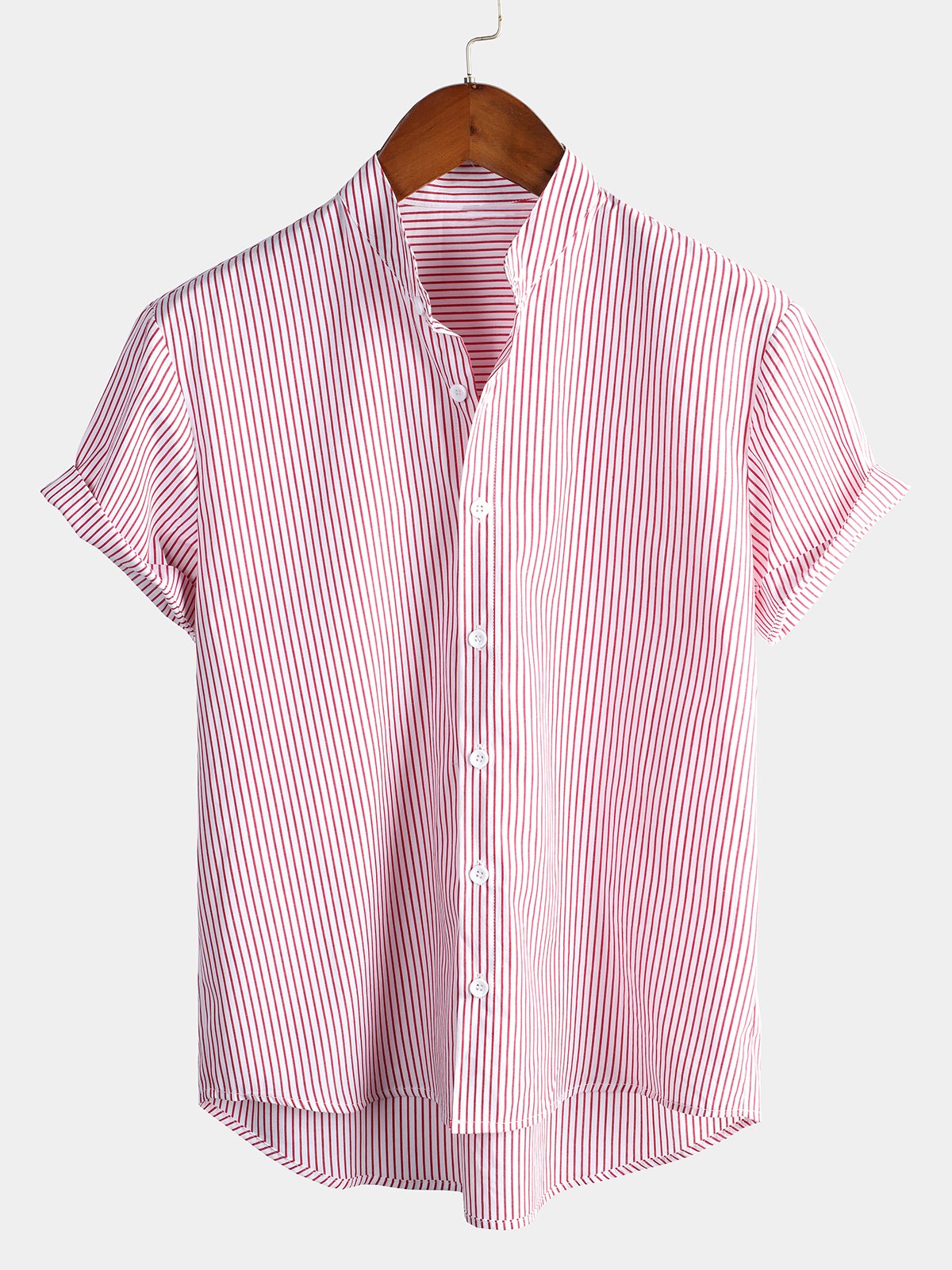 Men's Breathable Cotton Stand Collar Short Sleeve Striped Classic