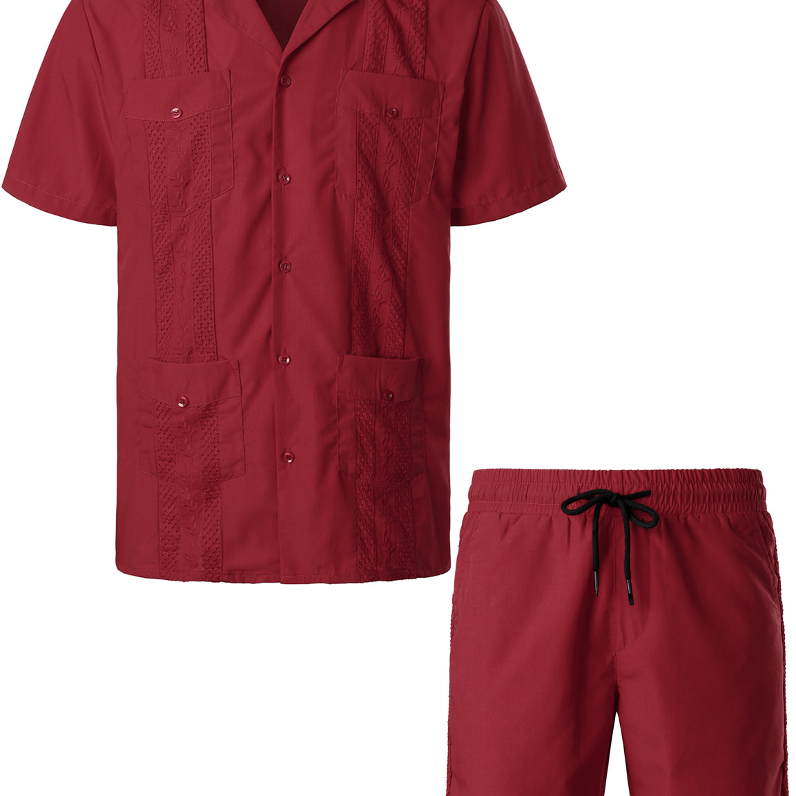 Men's Plus Size Short Sleeve Button Down Cuban Guayabera Matching Shirt and Shorts Set