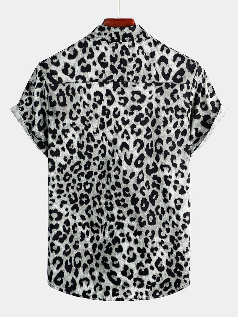 Men's Cotton Casual White Leopard Animal Print Cheetah Rock Short Sleeve Shirt