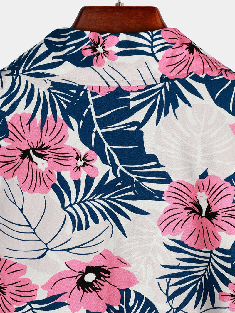 Men's Short Sleeve Pink Floral Tropical Hawaiian Shirt