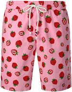 Men's Pink Casual Cotton Outfit Strawberry Fruit Print Summer Hawaiian Shirt and Shorts Set