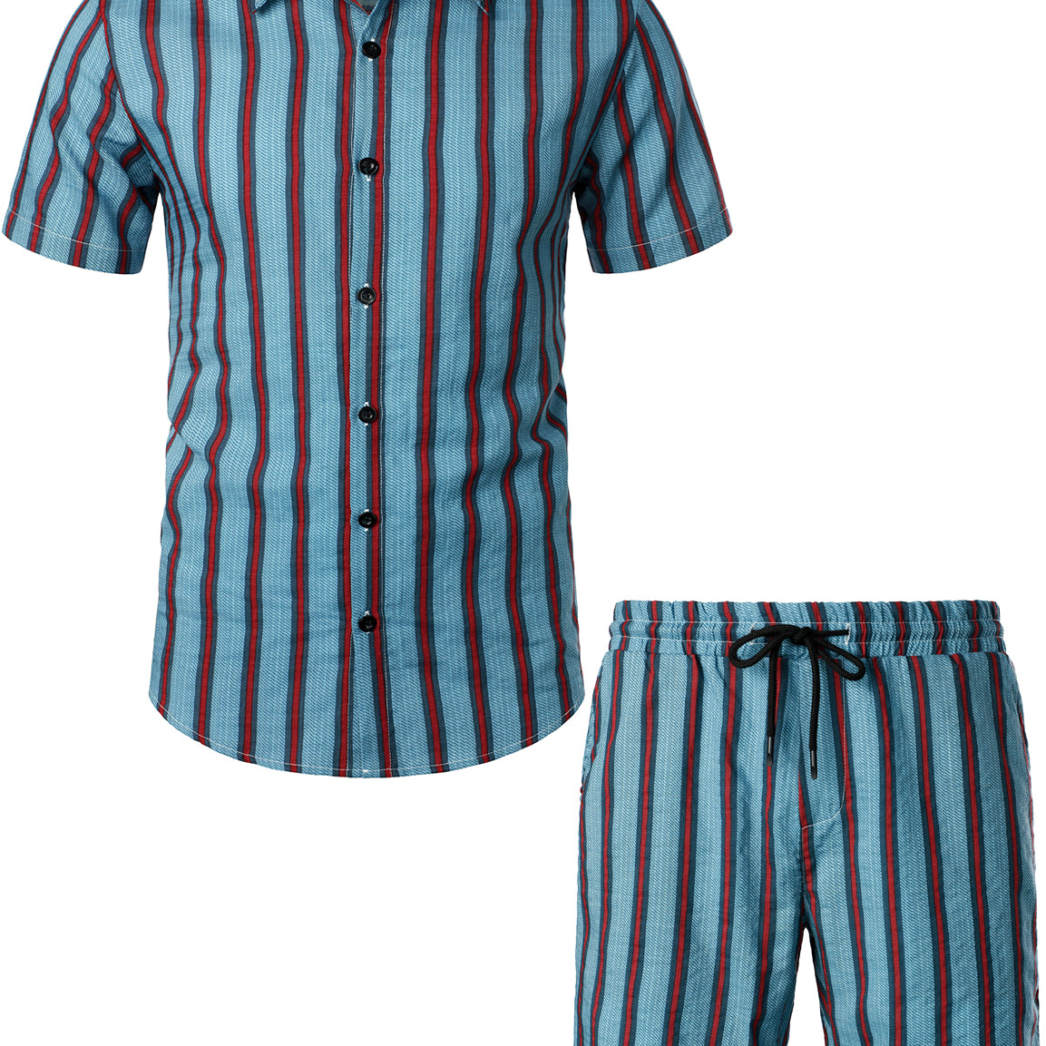 Men's Blue Striped Casual Breathable Cotton Outfit Matching Shirt and Shorts Set
