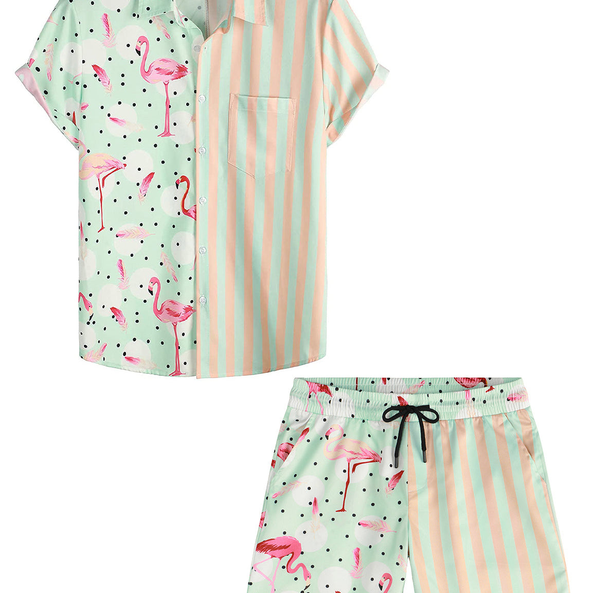 Men's Flamingo Green Striped Pocket Hawaiian Matching Shirt and Shorts Set