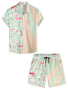 Men's Flamingo Green Striped Pocket Hawaiian Matching Shirt and Shorts Set