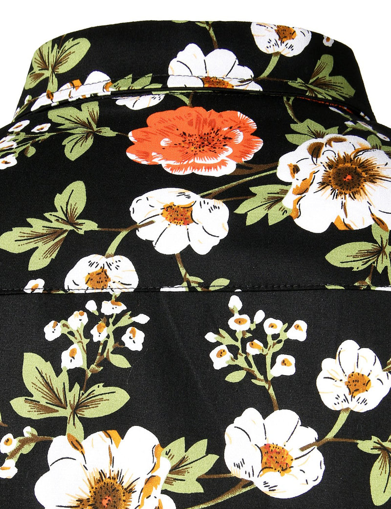 Men's Floral Long Sleeve Cotton Black Casual Button Down Shirt
