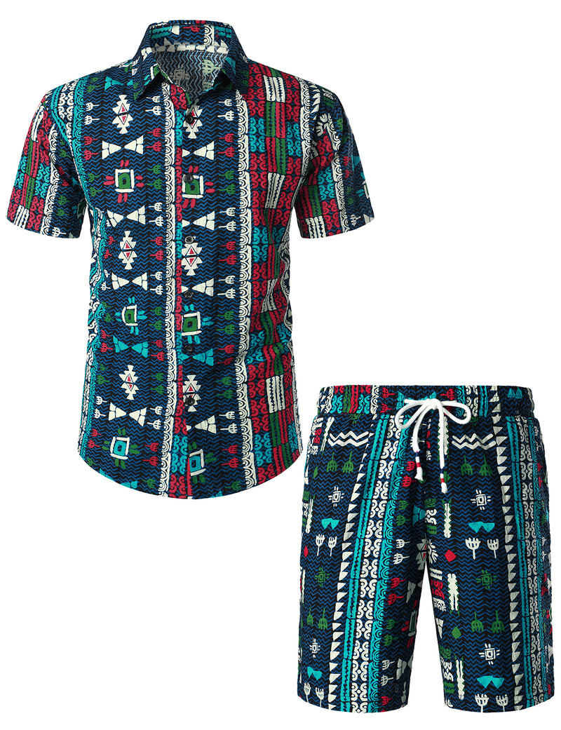 Men's Vintage Boho Short Sleeve Matching Shirt and Shorts Set