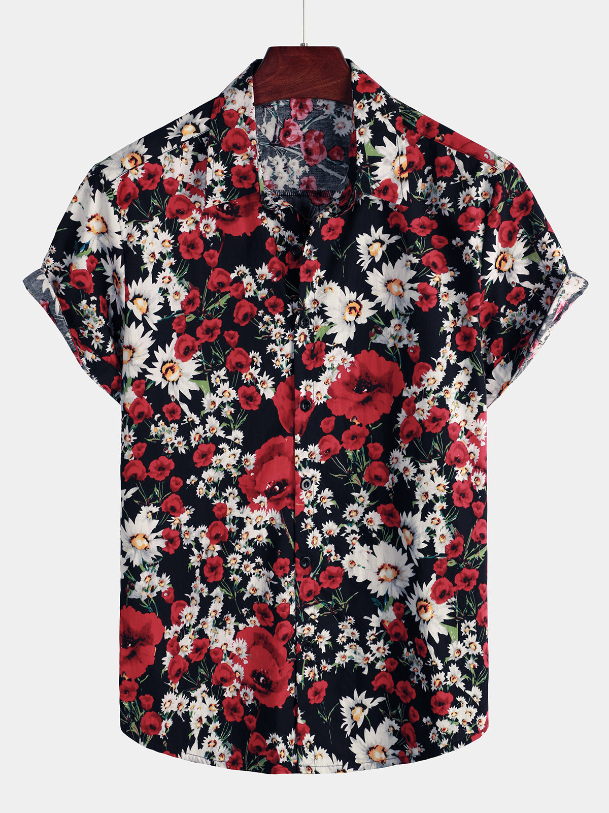 Men's Summer Rose Daisy Flower Print Casual Floral Short Sleeve Shirt