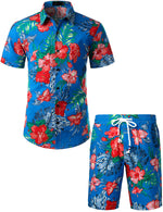 Men's Blue Flower Tropical Hawaiian Shirt and Shorts Set