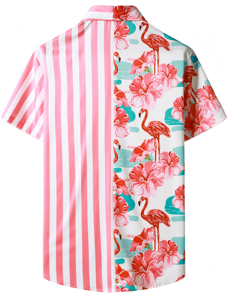 Men's Floral Flamingo Hawaiian Animal Pink Striped Flowers Aloha Tropical Short Sleeve Vacation Beach Shirt
