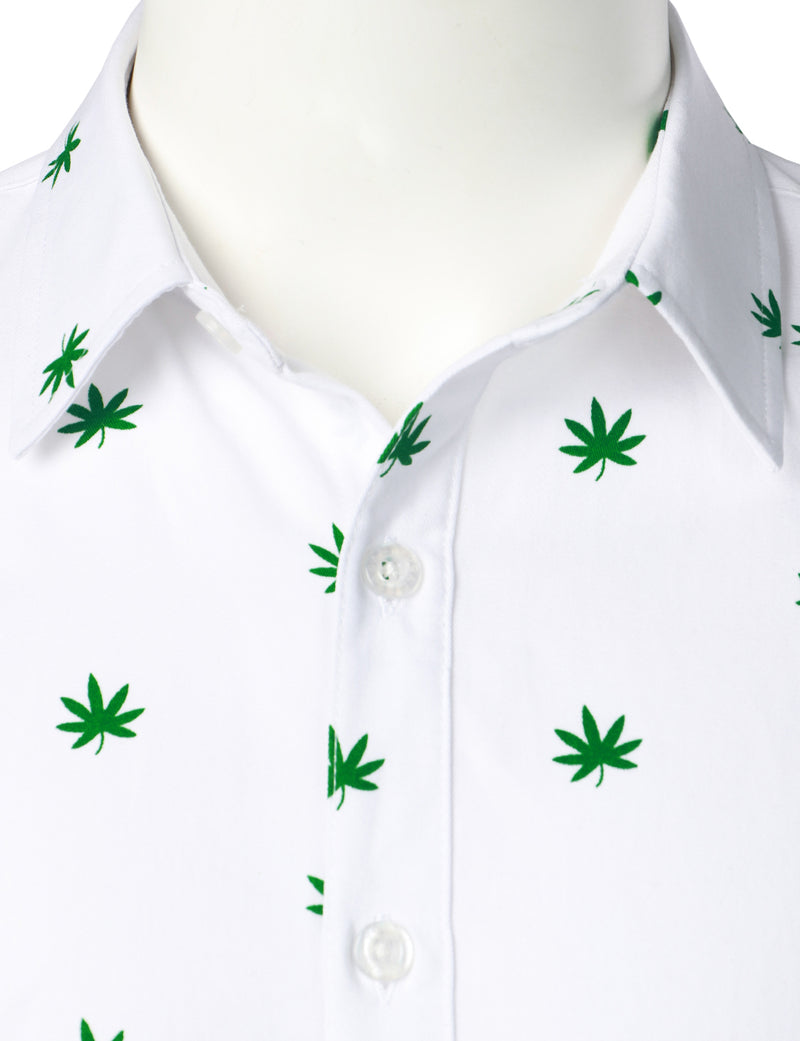 Men's White Maple Leaf Print Cotton Button Long Sleeve Shirt