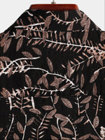 Men's Casual Retro Plant Leaf Black Button Up Summer Short Sleeve Shirt