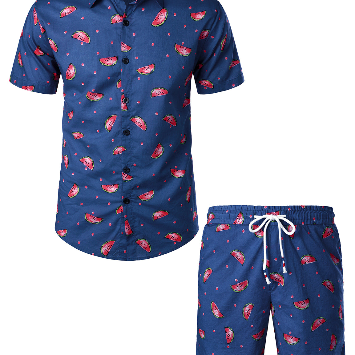 Men's Watermelon Print Cotton Hawaiian Matching Shirt and Shorts Set