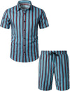 Men's Blue Striped Casual Breathable Cotton Outfit Matching Shirt and Shorts Set