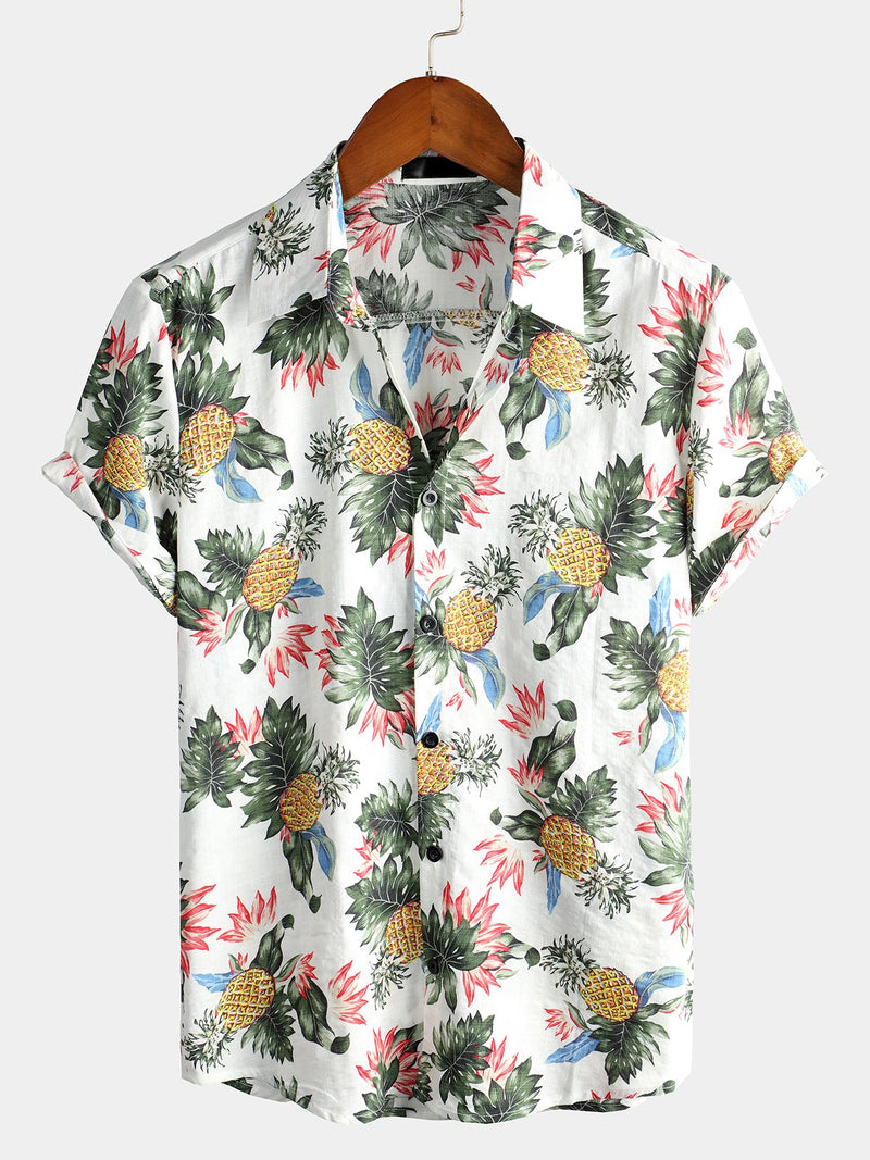 Men's Hawaii Pineapple Print Short Sleeve Cotton Shirt