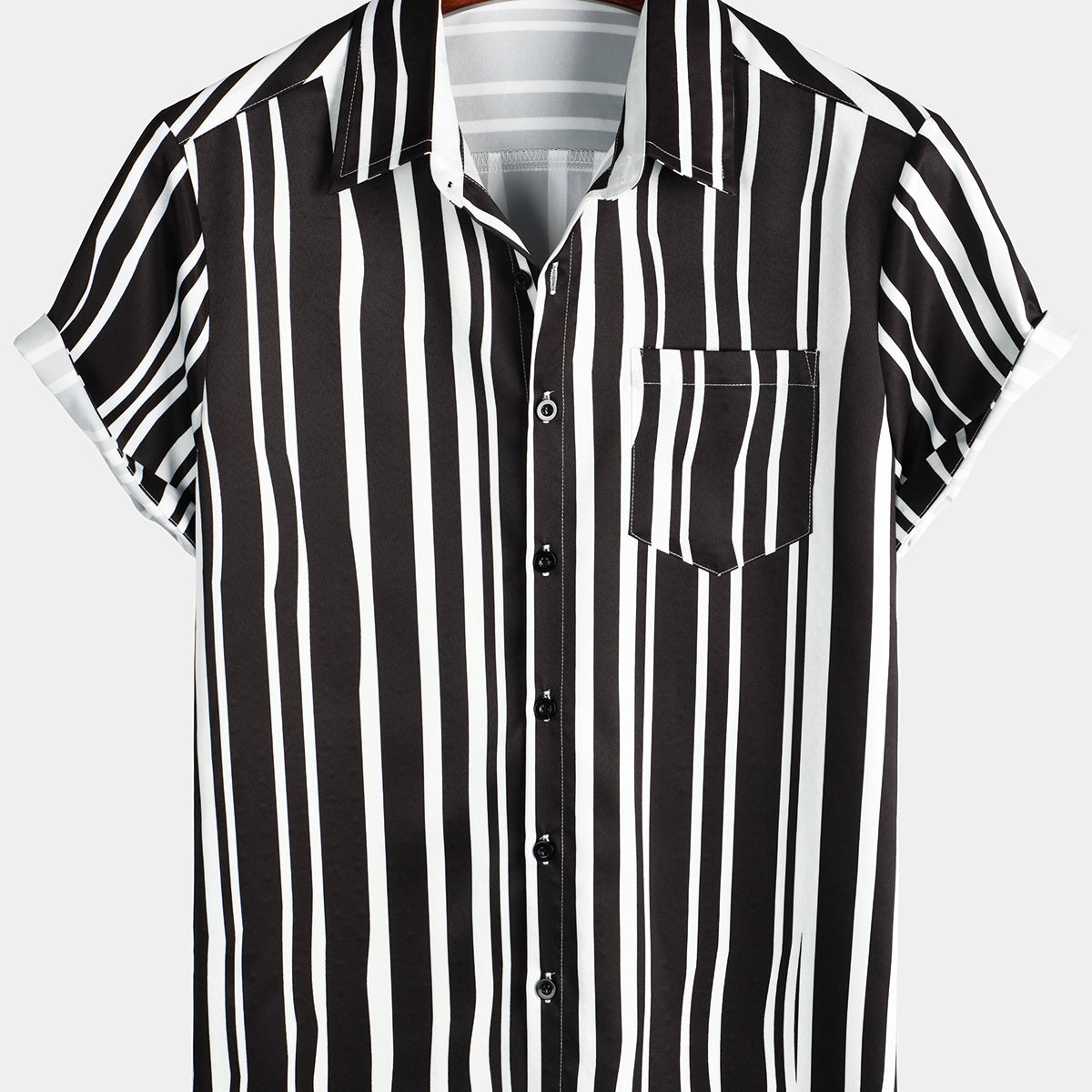 Men's Summer Black And White Vertical Striped Pocket Short Sleeve Shirt