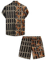 Men's Tiger Animal Print Patchwork Pocket Matching Shirt and Shorts Set