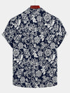 Men's Navy Blue Floral Cotton Retro Casual Short Sleeve Shirt