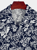 Men's Navy Blue Floral Cotton Retro Casual Short Sleeve Shirt