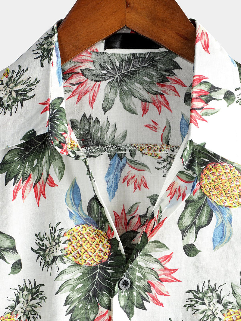 Men's Hawaii Pineapple Print Short Sleeve Cotton Shirt