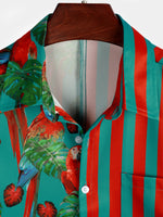 Men's Tropical Parrot Bird Green Red Striped Animal Print Button Up Short Sleeve Shirt