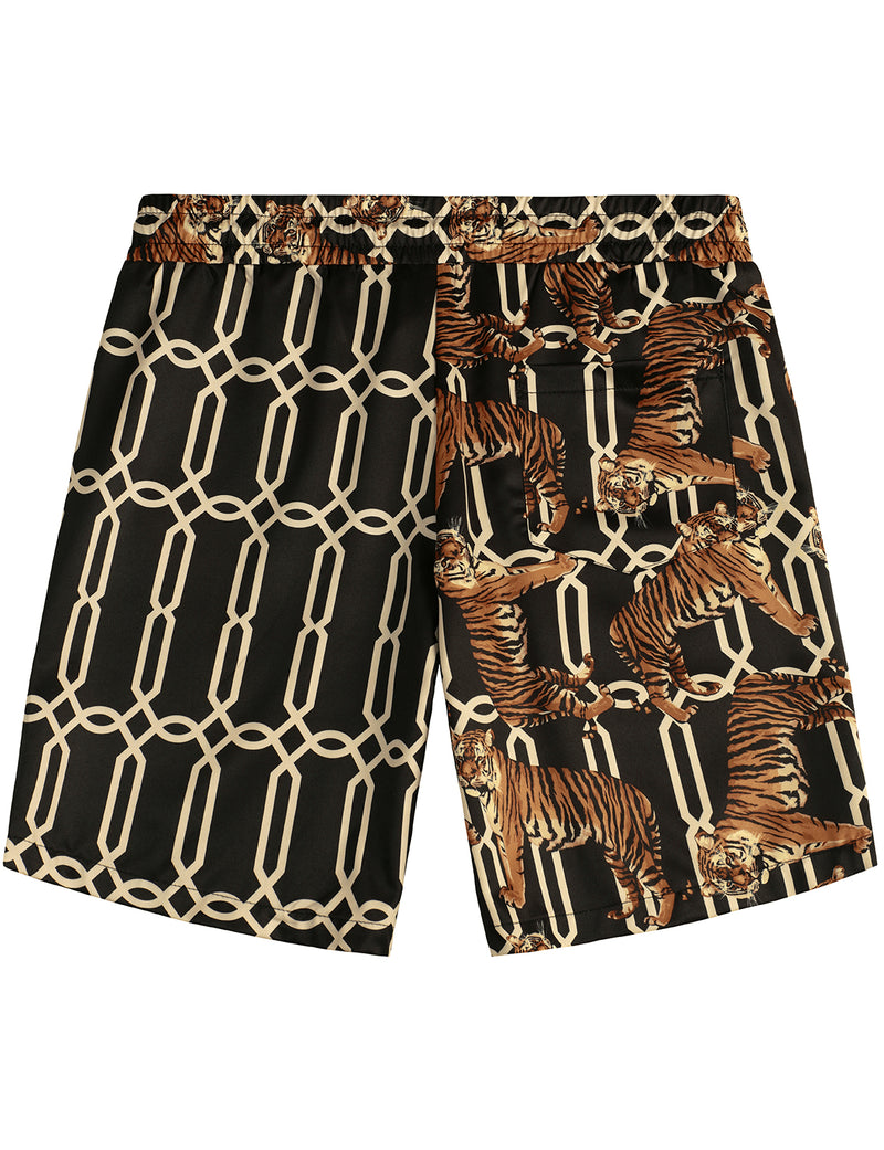 Men's Tiger Animal Print Patchwork Pocket Matching Shirt and Shorts Set