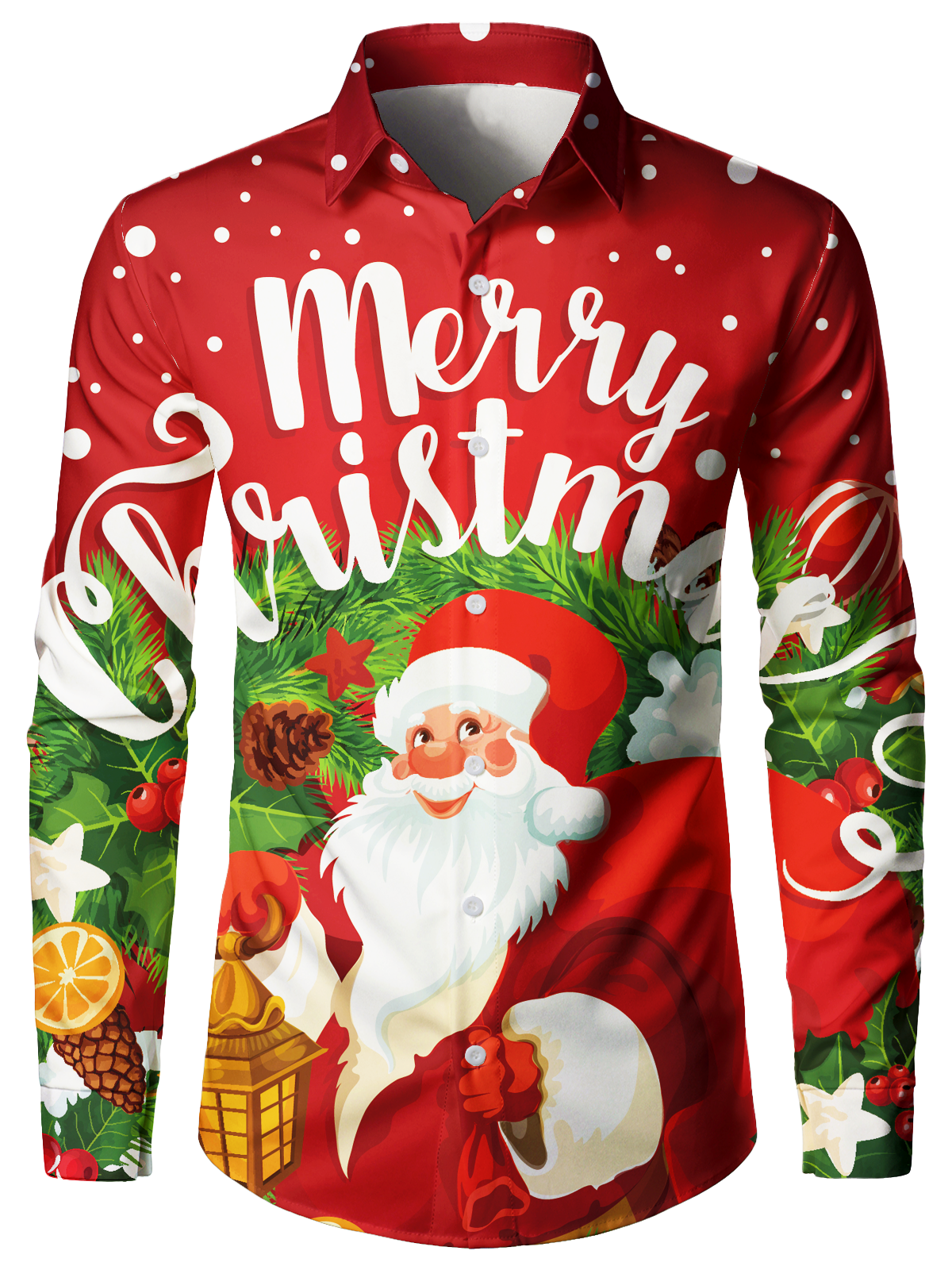 Men's Merry Christmas Cute Santa Holiday Print Xmas Day Button Up Red Long Sleeve Shirt