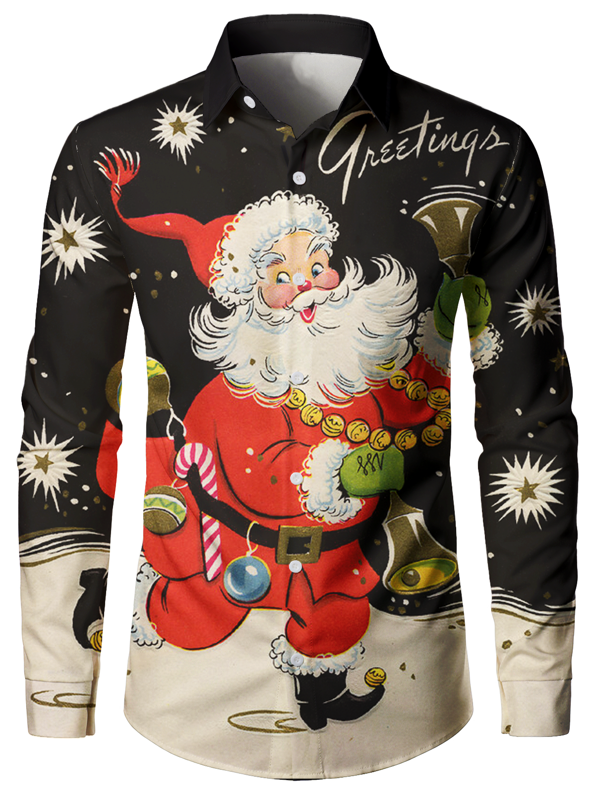 Men's Vintage Funny Christmas Santa Black Holiday Party Long Sleeve Shirt