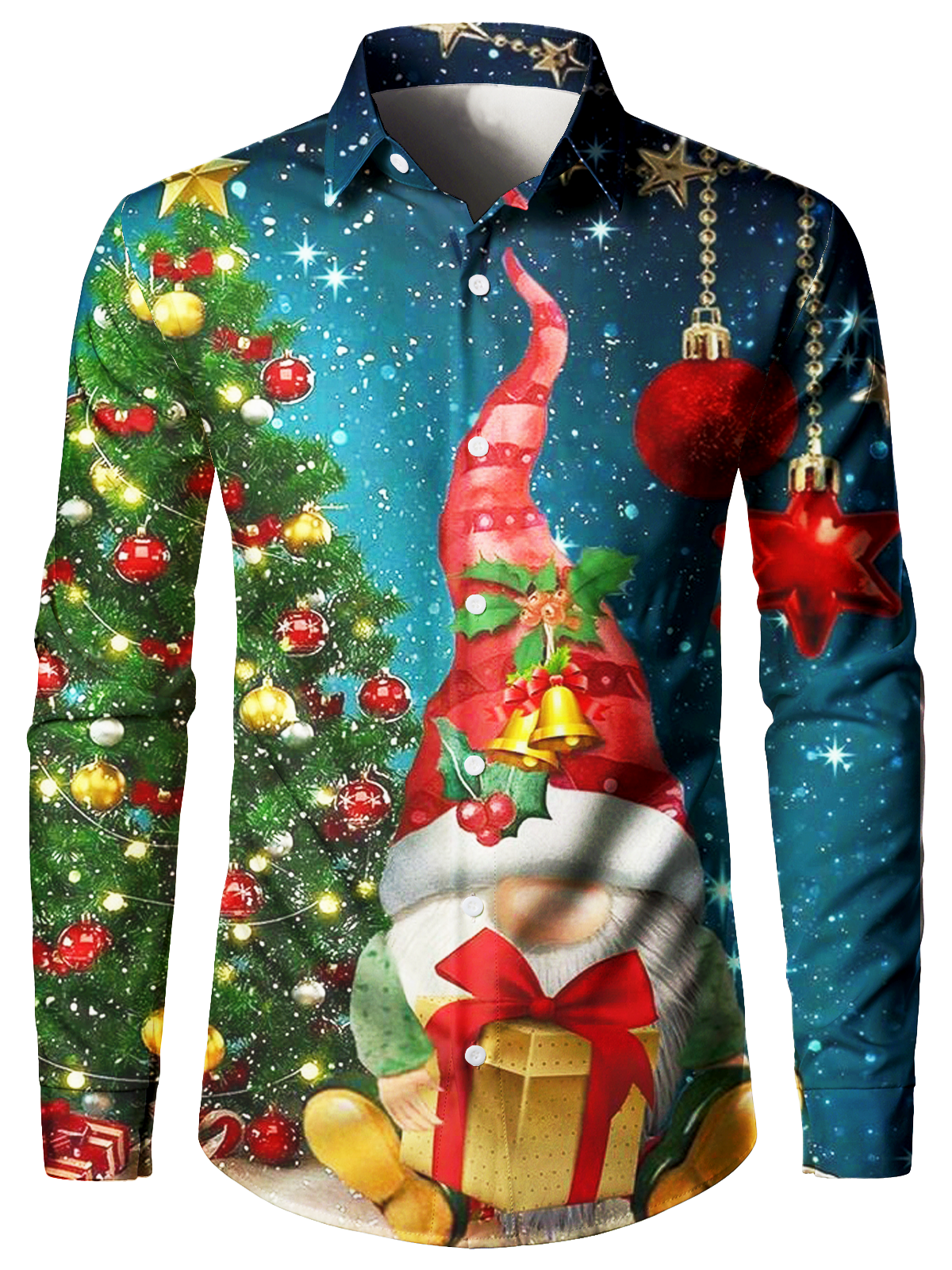 Men's Cute Gnome And Christmas Tree Button Up Long Sleeve Shirt