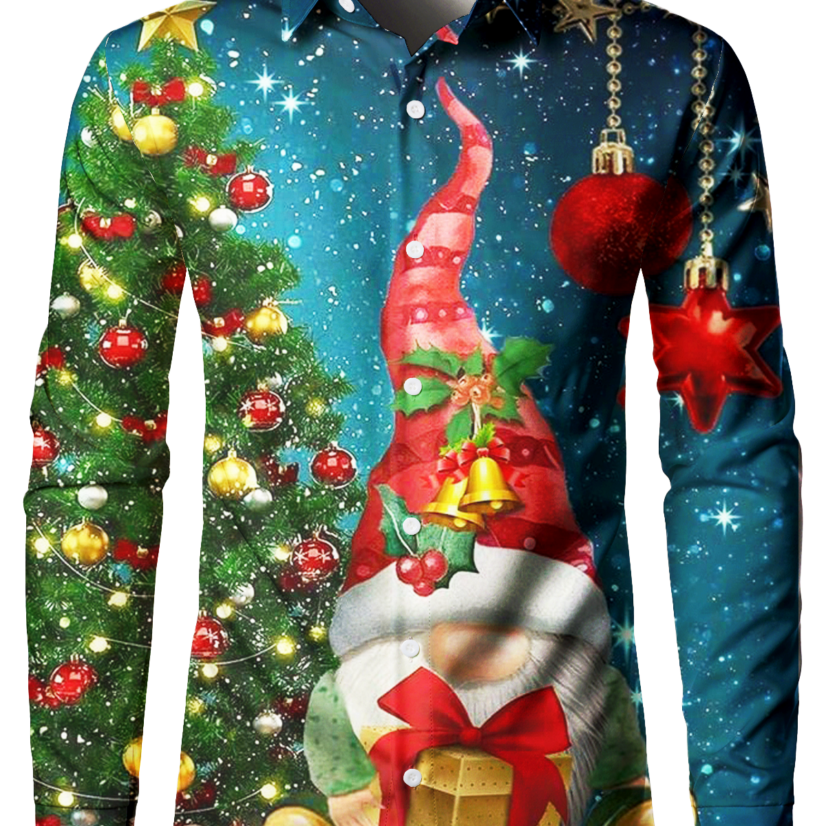 Men's Cute Gnome And Christmas Tree Button Up Long Sleeve Shirt