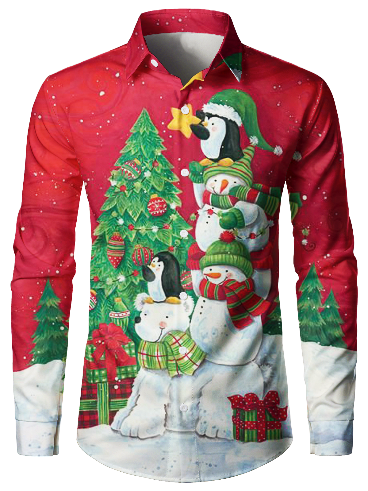 Men's Snowman And Christmas Tree Red Button Up Long Sleeve Shirt