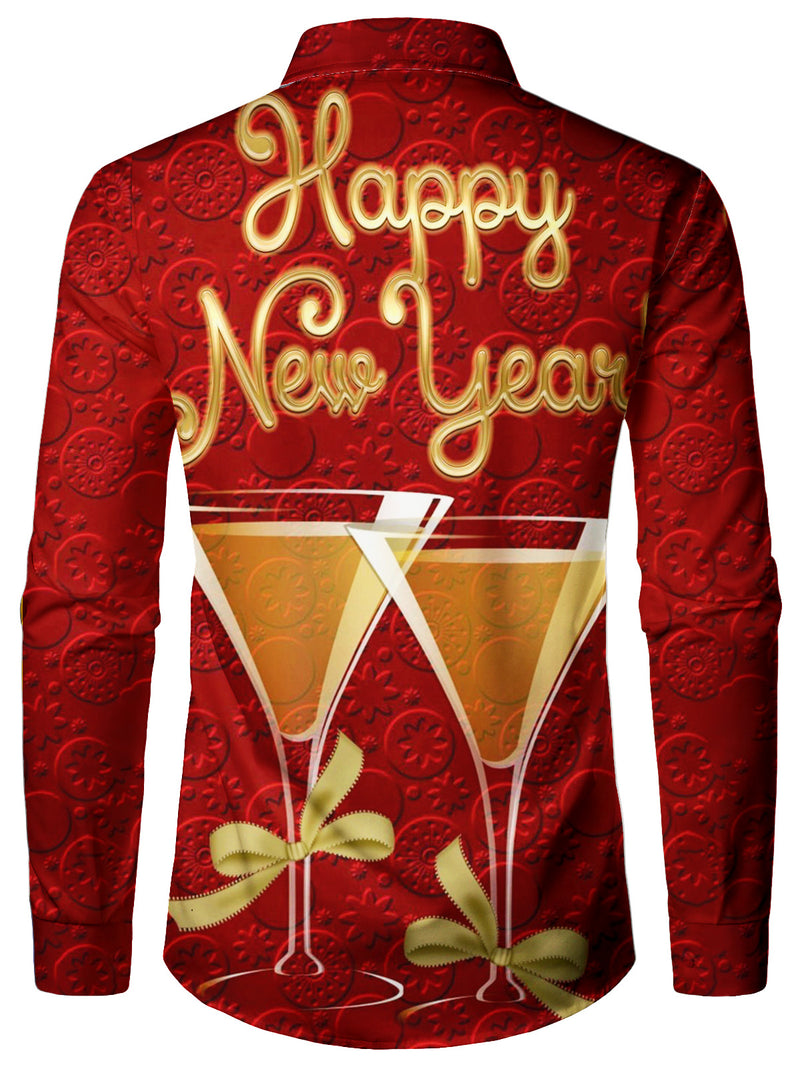 Men's Happy New Year Red Long Sleeve Christmas Cocktails Shirt