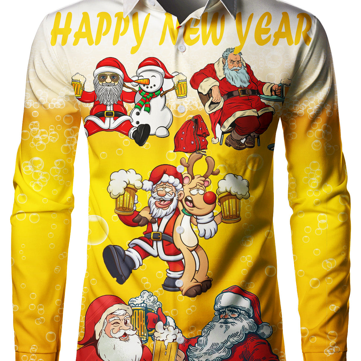Men's Christmas Santa Claus Beer Print And Happy New Year Shirt