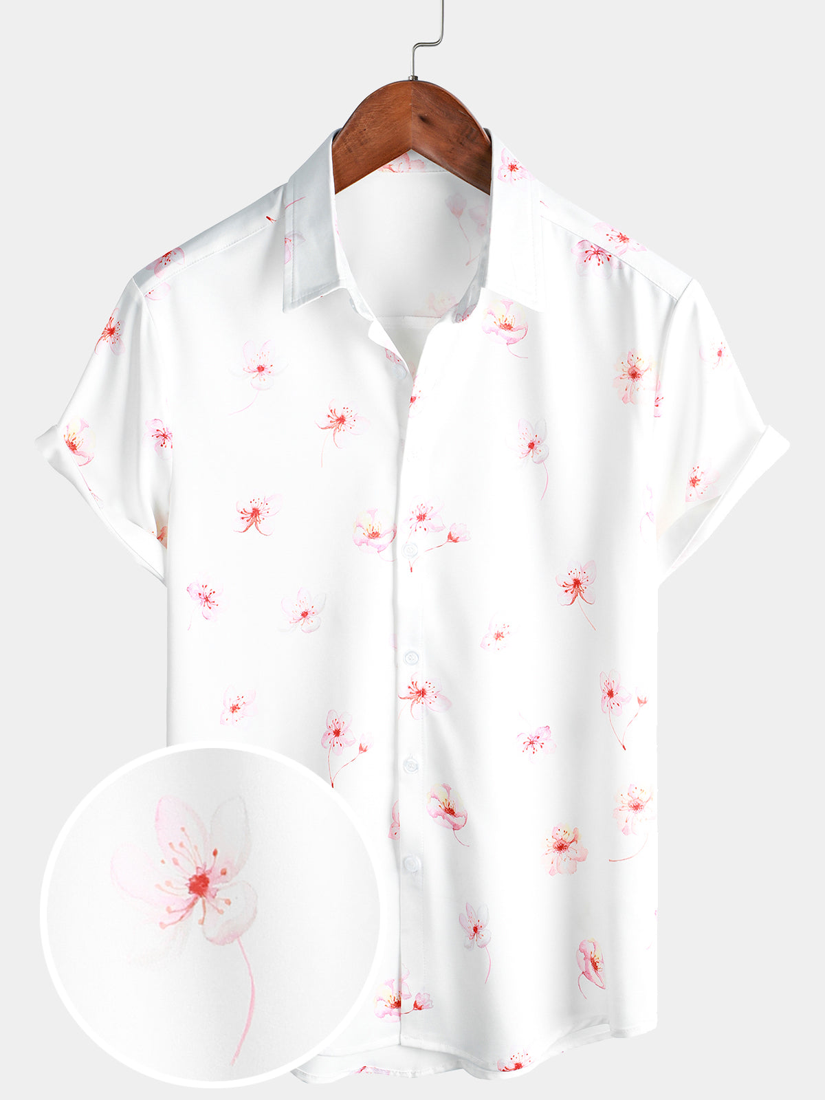 Men's Holiday Casual Pink Floral Print Button Up Summer Short Sleeve Shirt