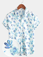 Men's Blue Vintage Floral Summer Button Breathable Short Sleeve Shirt