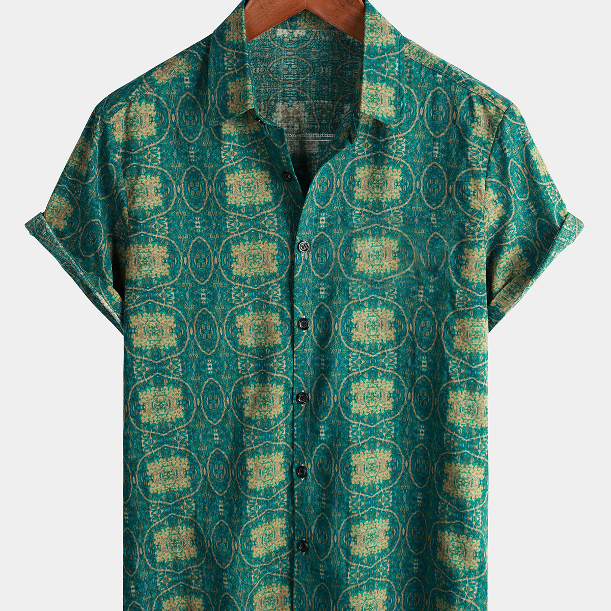 Men's Casual Green Striped Cotton Vintage Short Sleeve 70s Retro Summer Button Up Shirt