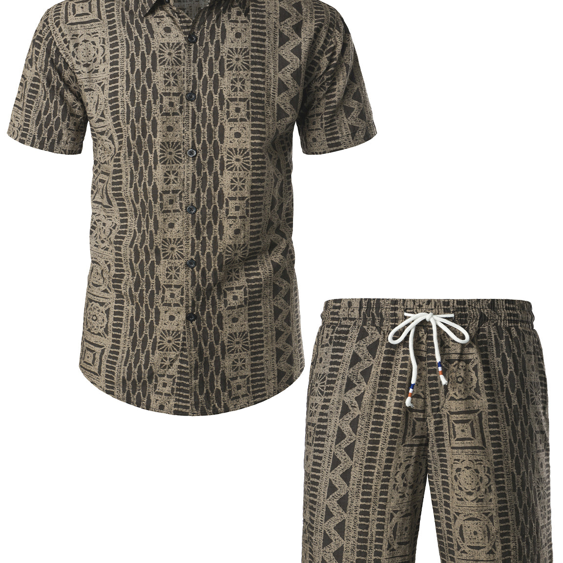 Men's Tribal Boho Short Sleeve Matching Shirt and Shorts Set
