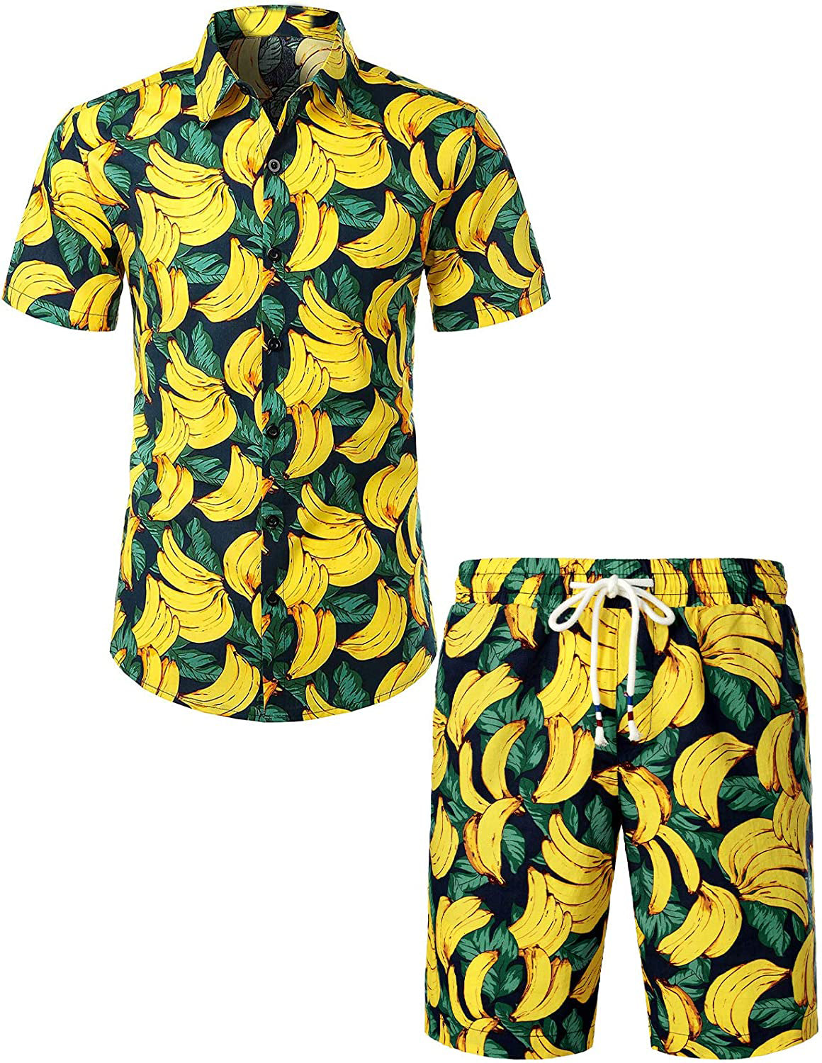 Men's Banana Print Cotton Summer Suit Hawaiian Tropical Fruit Shirt and Shorts Set