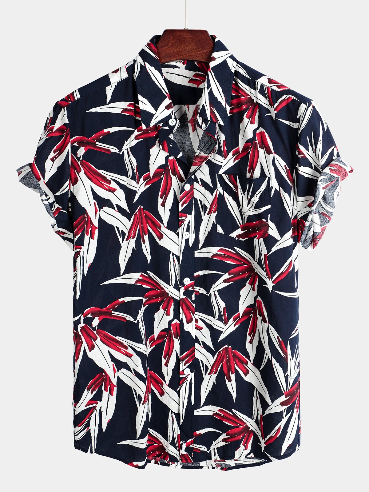 Men's Navy Blue Floral Holiday Short Sleeve Cotton Shirt