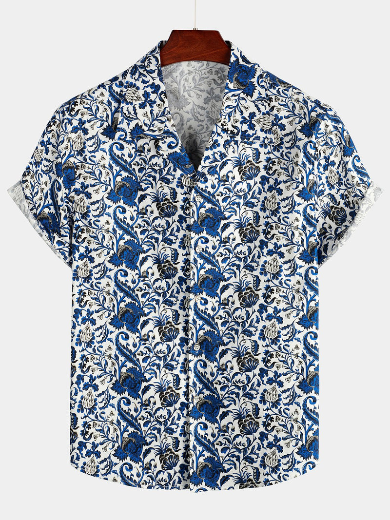Men's Retro Print Short Sleeve Cotton Casual Shirt