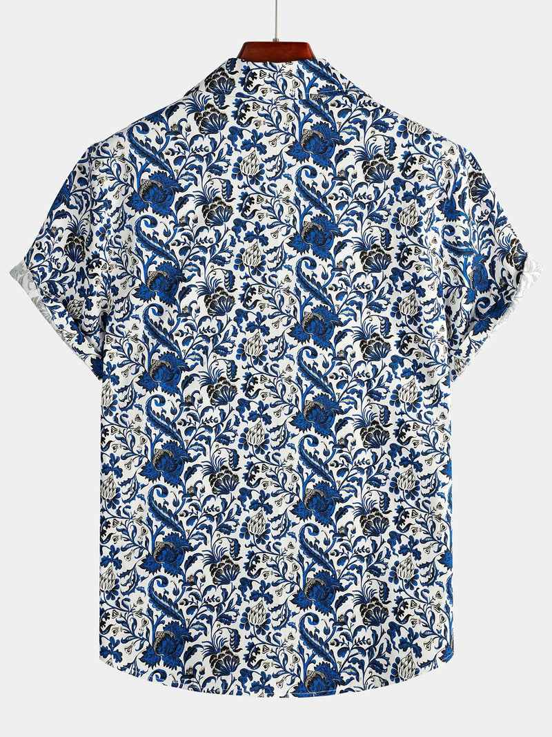 Men's Retro Print Short Sleeve Cotton Casual Shirt