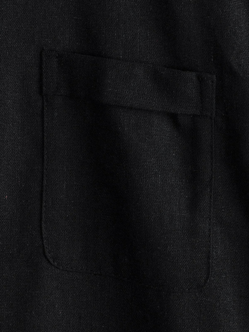 Men's Solid Color Stand Collar Half Button Pocket Front Linen & Cotton Shirt