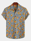 Men's Striped & Floral Sunflower Print Short Sleeve Hawaiian Shirt